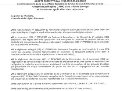 Influenza aviaire hautement pathogène AVIFAUNE - Mise en place d'une nouvelle zone de contrôle temporaire (ZCT) concernant 45 communes d’Ardèche